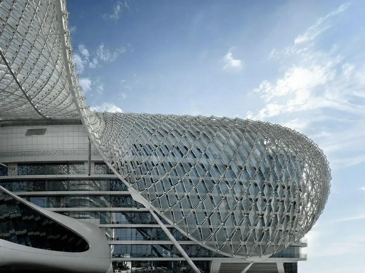 W Abu Dhabi – Yas Island hotel with iconic lattice shell structure over Yas Marina Circuit, Abu Dhabi.
