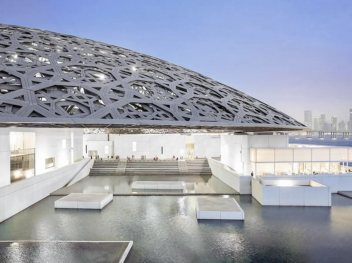 Louvre Abu Dhabi museum dome on Saadiyat Island, Abu Dhabi waterfront.